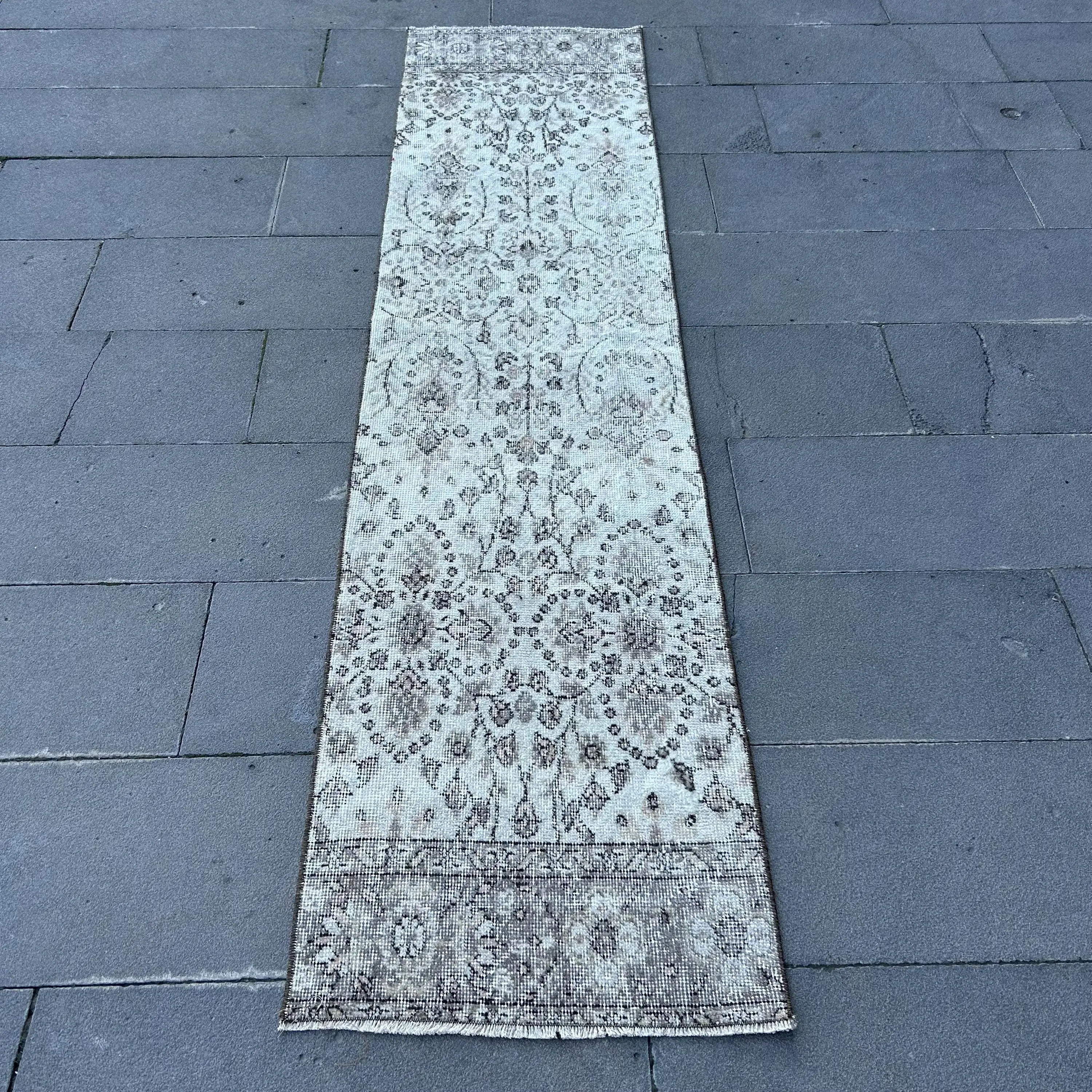 Turkish Vintage Runner Rug 1.9x8.1 ft, Gray Black Patchwork Wool Rug - 1
