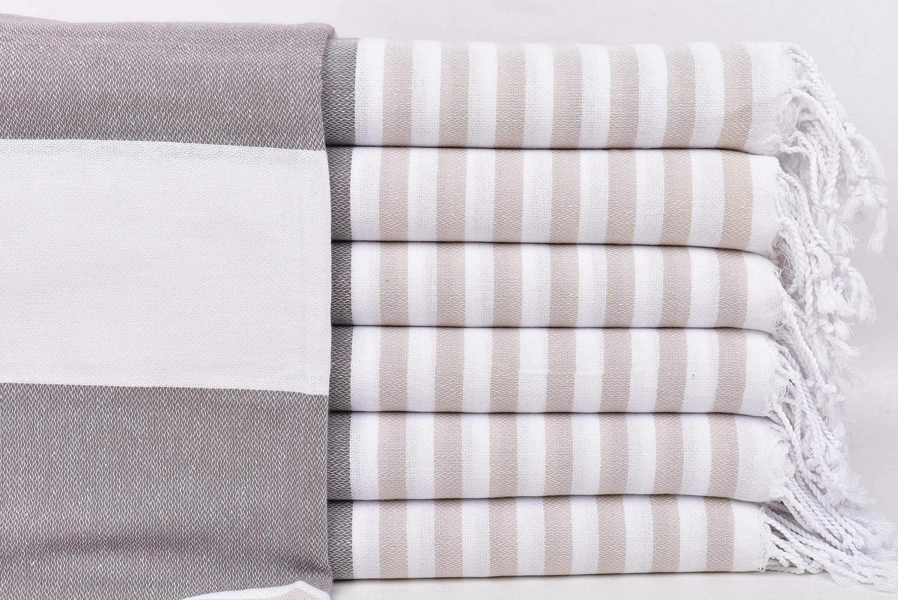 Oversized Beach Towel Beige-Brown Striped Turkish Cotton, 40x71 Inches - 1
