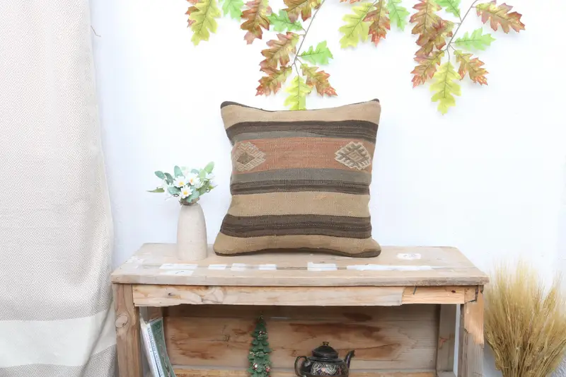 Handmade Striped Throw Pillow, Embroidered Vintage Linen Pillow