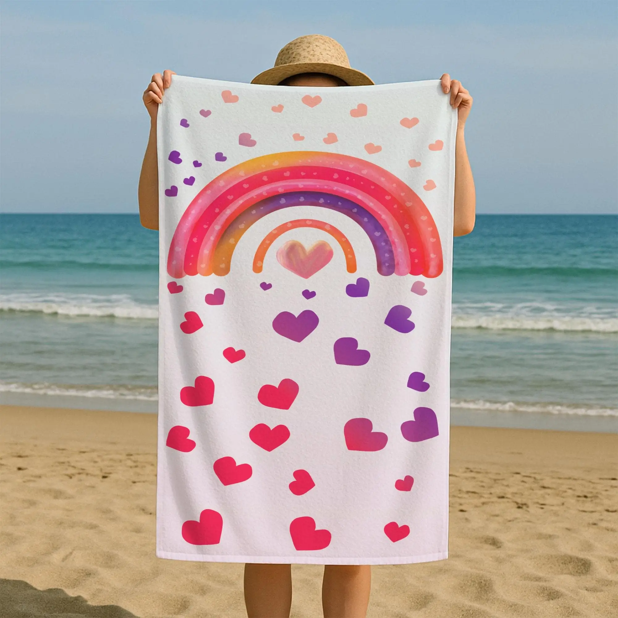 Personalized Rainbow Beach Towel for Kids, Hearts Design, 20x40 Inches - 1