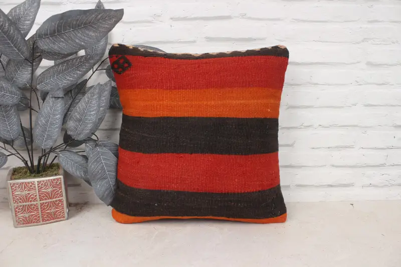 Turkish Kilim Pillow, Cushion Case, Ethnical Kilim Rug Pillow, Floor Pillow, 16x16 Red Pillow Cover, Boho Pillow, Anatolian Cushion Case - 1