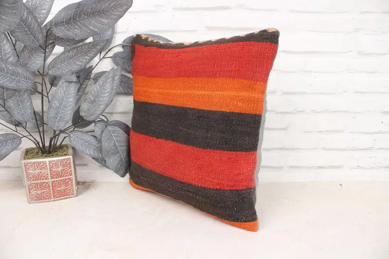 Turkish Kilim Pillow, Cushion Case, Ethnical Kilim Rug Pillow, Floor Pillow, 16x16 Red Pillow Cover, Boho Pillow, Anatolian Cushion Case - 4
