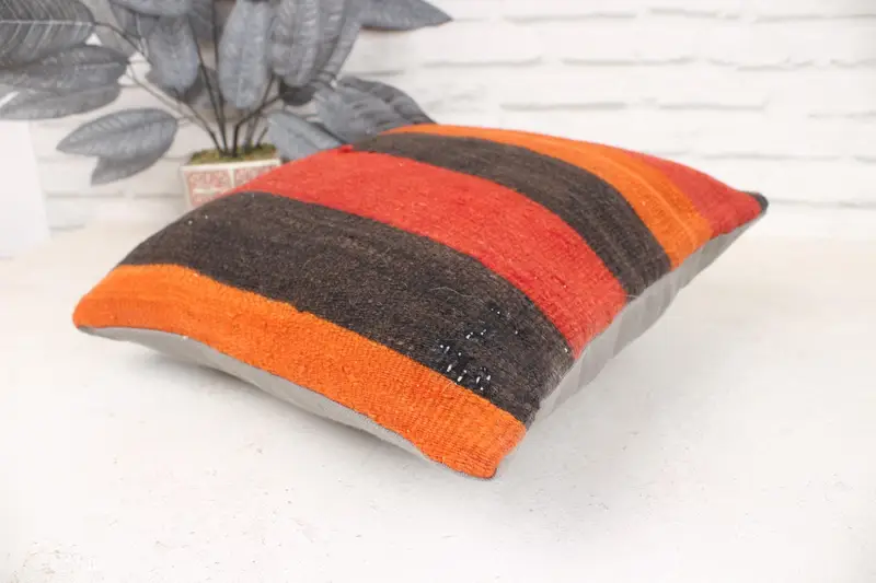 Turkish Kilim Pillow, Cushion Case, Ethnical Kilim Rug Pillow, Floor Pillow, 16x16 Red Pillow Cover, Boho Pillow, Anatolian Cushion Case - 6