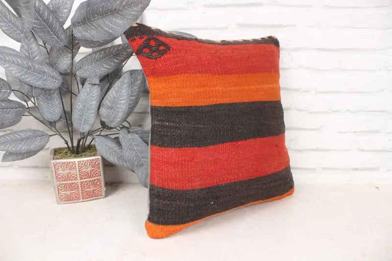 Turkish Kilim Pillow, Cushion Case, Ethnical Kilim Rug Pillow, Floor Pillow, 16x16 Red Pillow Cover, Boho Pillow, Anatolian Cushion Case - 3