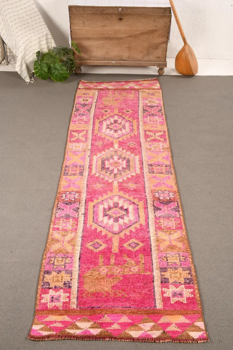 Turkish Vintage Rug, 3x9.5 ft Herki Rug, Pink Moroccan Wool Rug - 1