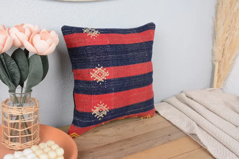 Rot & Bronze gestreiftes Wurfkissen, 14x14 besticktes Kissen