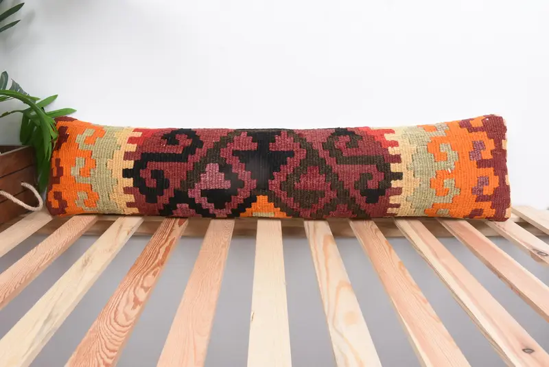 Tribal Cushion, Traditional Cushion, Kilim Cushion Sham, Ethnical Kilim Rug Pillow, Pillow Case, 8x36 Orange Pillow Case, Home Decor Pillow - 1