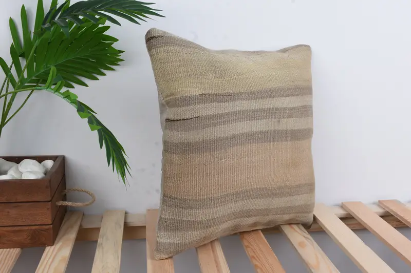 Cushion, 16x16 Brown Pillow, Boho Pillow, Wool Kilim Pillow Pillow Case, Art Deco Pillow, Pillow for Sofa, Kilim Cushion Sham, Muted Pillow Cover - 4