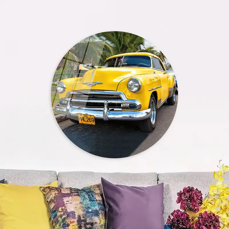 ヴィンテージイエローカーキャンバスプリント：レトロなオフィス装飾&車愛好家へのギフト