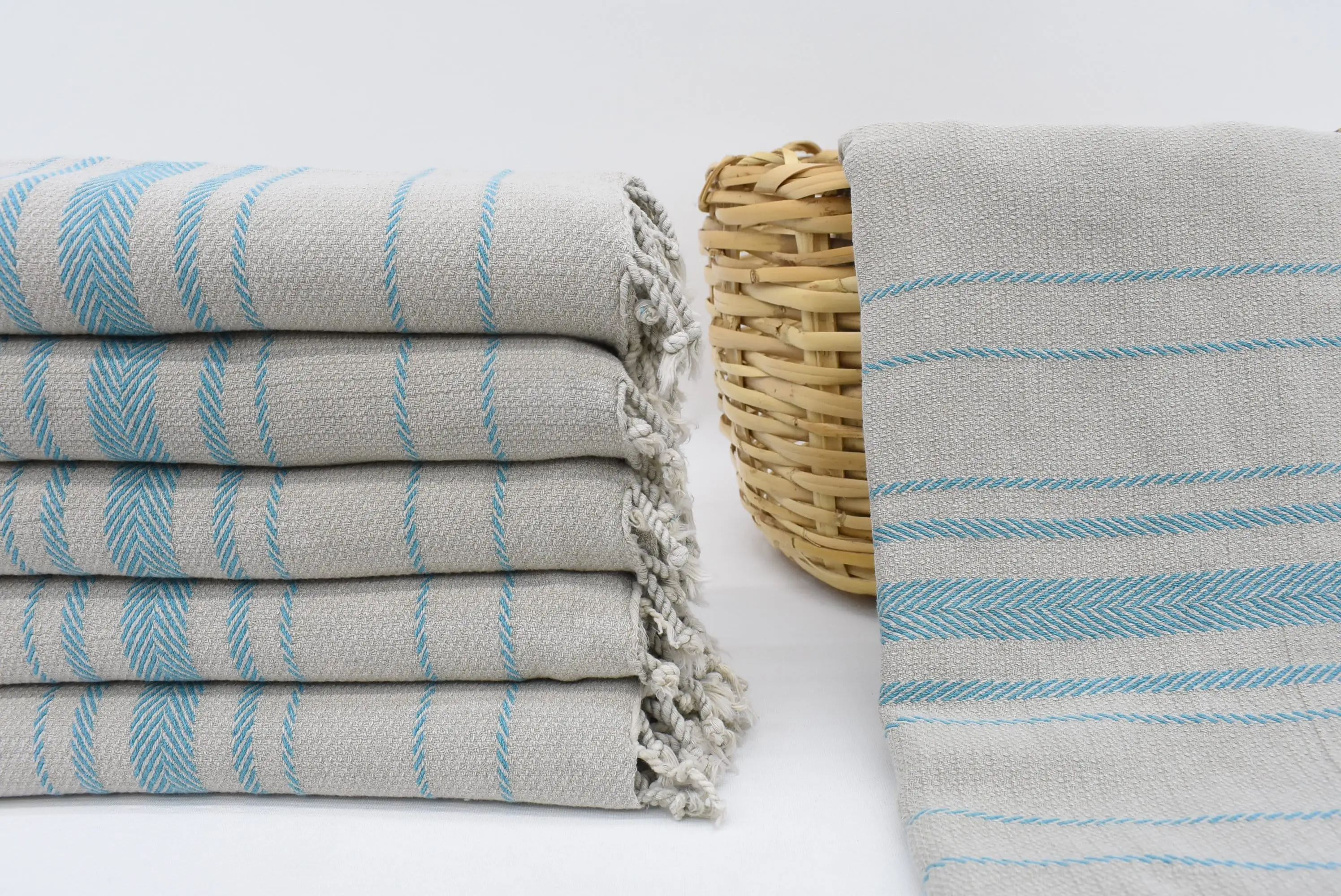 Turkish Organic Cotton Beach Towel Beige-Turquoise, 60x36 Inches - 1