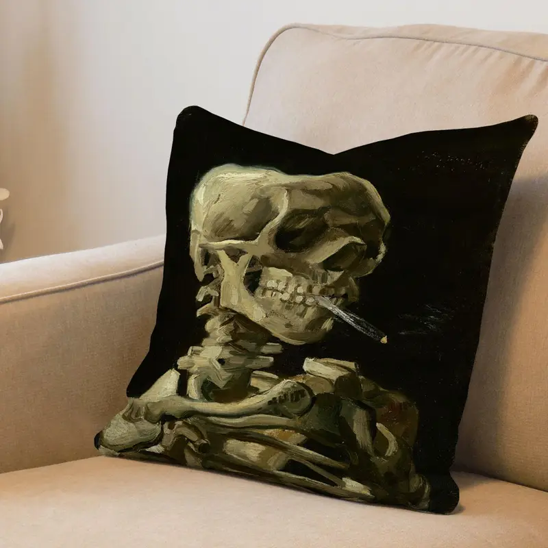 Van Gogh Kafatası Baskılı Yastık: Sanatsal Duman İskelet Tasarımı