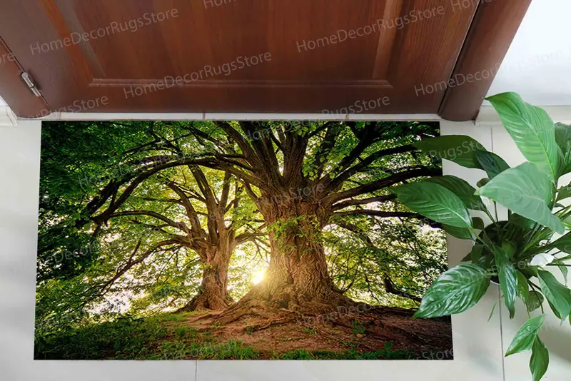 Forest View Printed Rug: Nature Landscape Green Sunrise Design