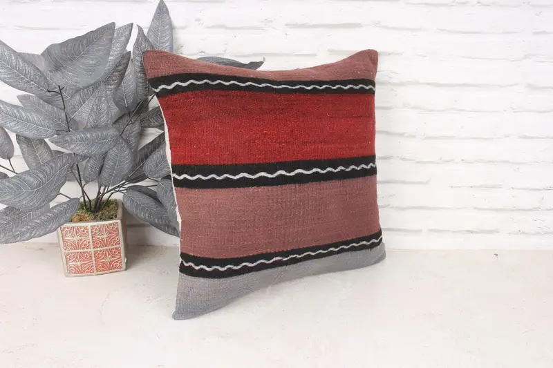 Pillow Cover, Vintage Kilim Throw Pillow, 18x18 Red Pillow Case, Kilim Cushion Sham, Custom Cushion, Vintage Pillow, Anatolian Cushion Case - 3