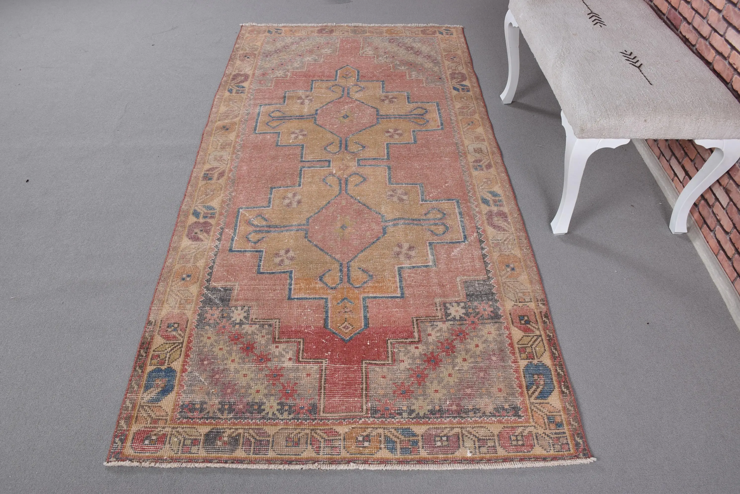 Turkish Vintage Rug 3.8x7.7 ft (115x236 cm), Red Wool Rug - 1