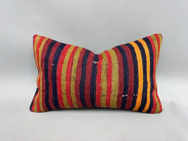 El Yapımı Çizgili Kırlent, Kırmızı & Turuncu İşlemeli Kırlent