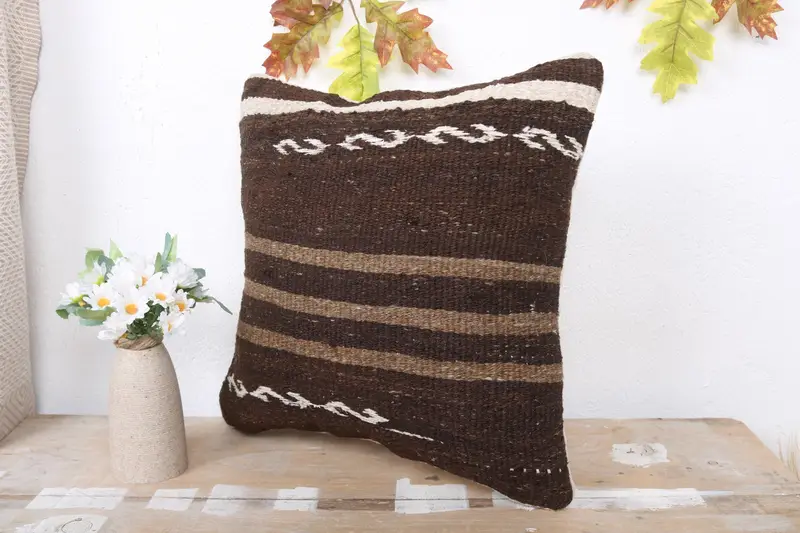 16x16 Brown Pillow Sham, Interior Designer Pillow, Pillow Sham, Vintage Kilim Throw Pillow, Home Decor Pillow, Decorative Cushion - 5
