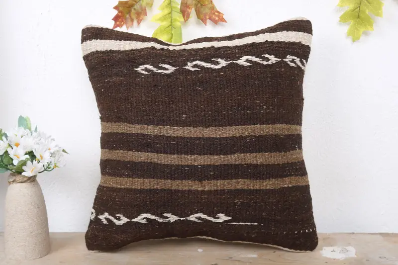 16x16 Brown Pillow Sham, Interior Designer Pillow, Pillow Sham, Vintage Kilim Throw Pillow, Home Decor Pillow, Decorative Cushion - 2
