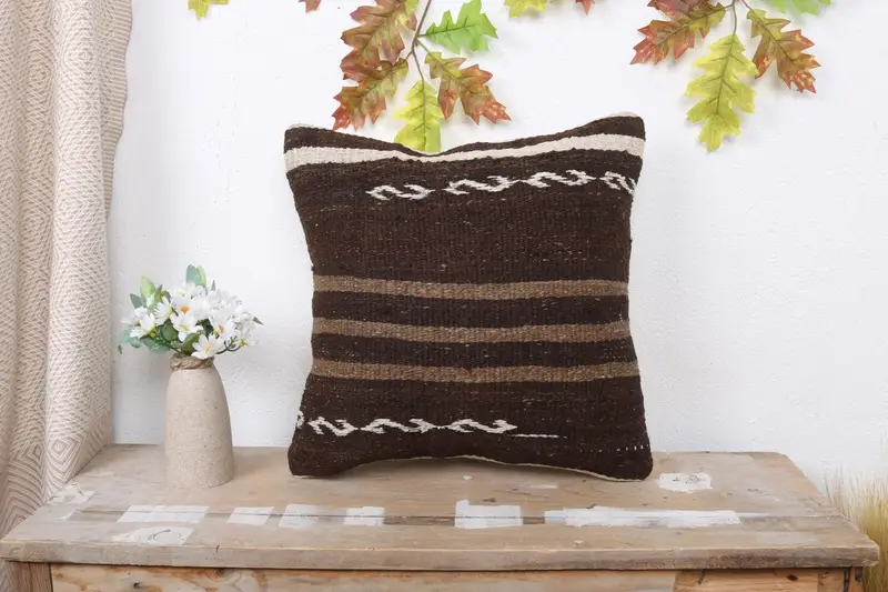16x16 Brown Pillow Sham, Interior Designer Pillow, Pillow Sham, Vintage Kilim Throw Pillow, Home Decor Pillow, Decorative Cushion - 1