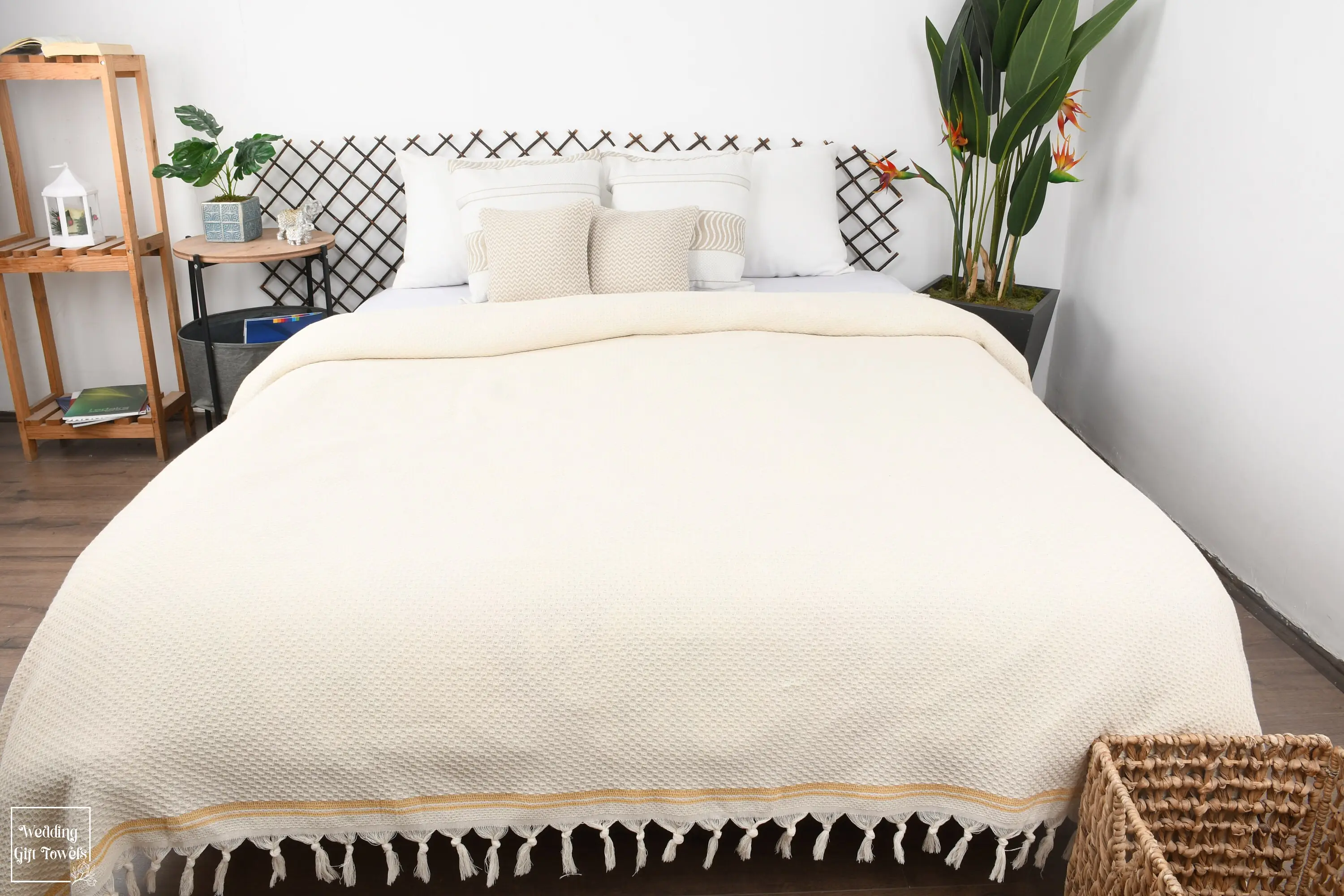 Throw Blanket Couch Striped Throw Beige Cotton 91x93 Inches - 1