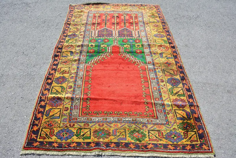 4.6x7.6 ft Oushak Vintage Rug, Red Floral Turkish Rug Wool - 1