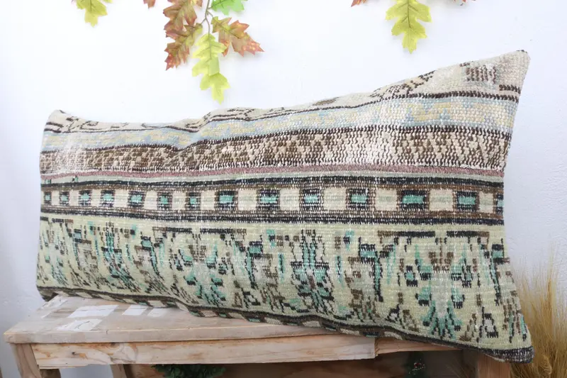 Crochet Pattern Pillow Sham, Accent Throw Pillow, Throw Kilim Pillow, 16x36 Green Pillow Case, Pillow, Boho Pillow, Knitted Pillow, Vintage Pillow - 4