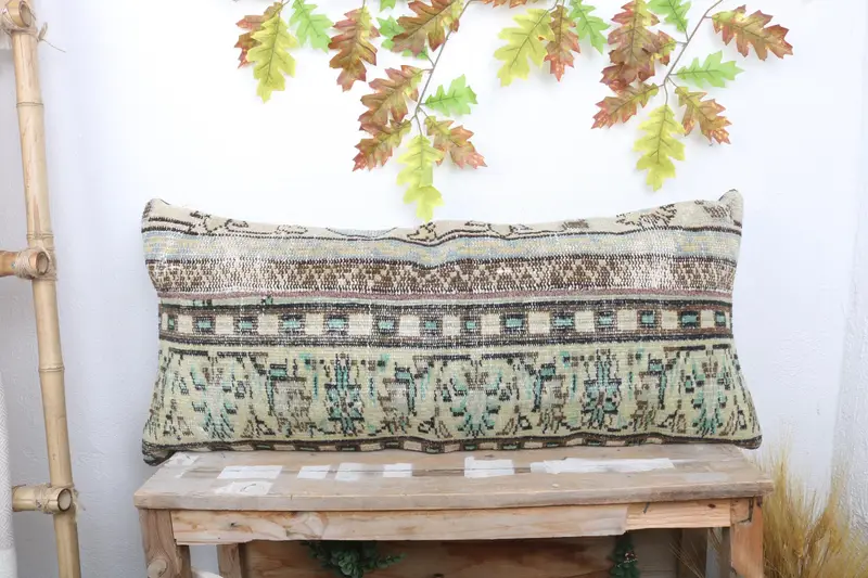 Crochet Pattern Pillow Sham, Accent Throw Pillow, Throw Kilim Pillow, 16x36 Green Pillow Case, Pillow, Boho Pillow, Knitted Pillow, Vintage Pillow - 1