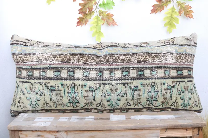 Crochet Pattern Pillow Sham, Accent Throw Pillow, Throw Kilim Pillow, 16x36 Green Pillow Case, Pillow, Boho Pillow, Knitted Pillow, Vintage Pillow - 2