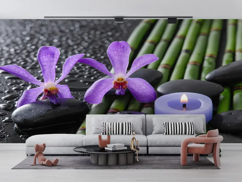 Elegante bedruckte Tapete: Lila Orchidee und Bambushain