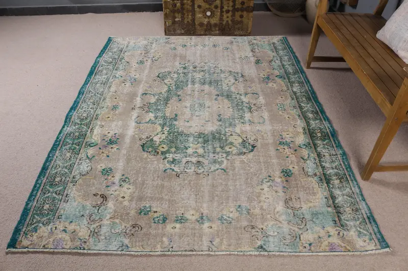 グリーン イカット ラグ、5.5x7.2 フィート エレガント グレー アクセント