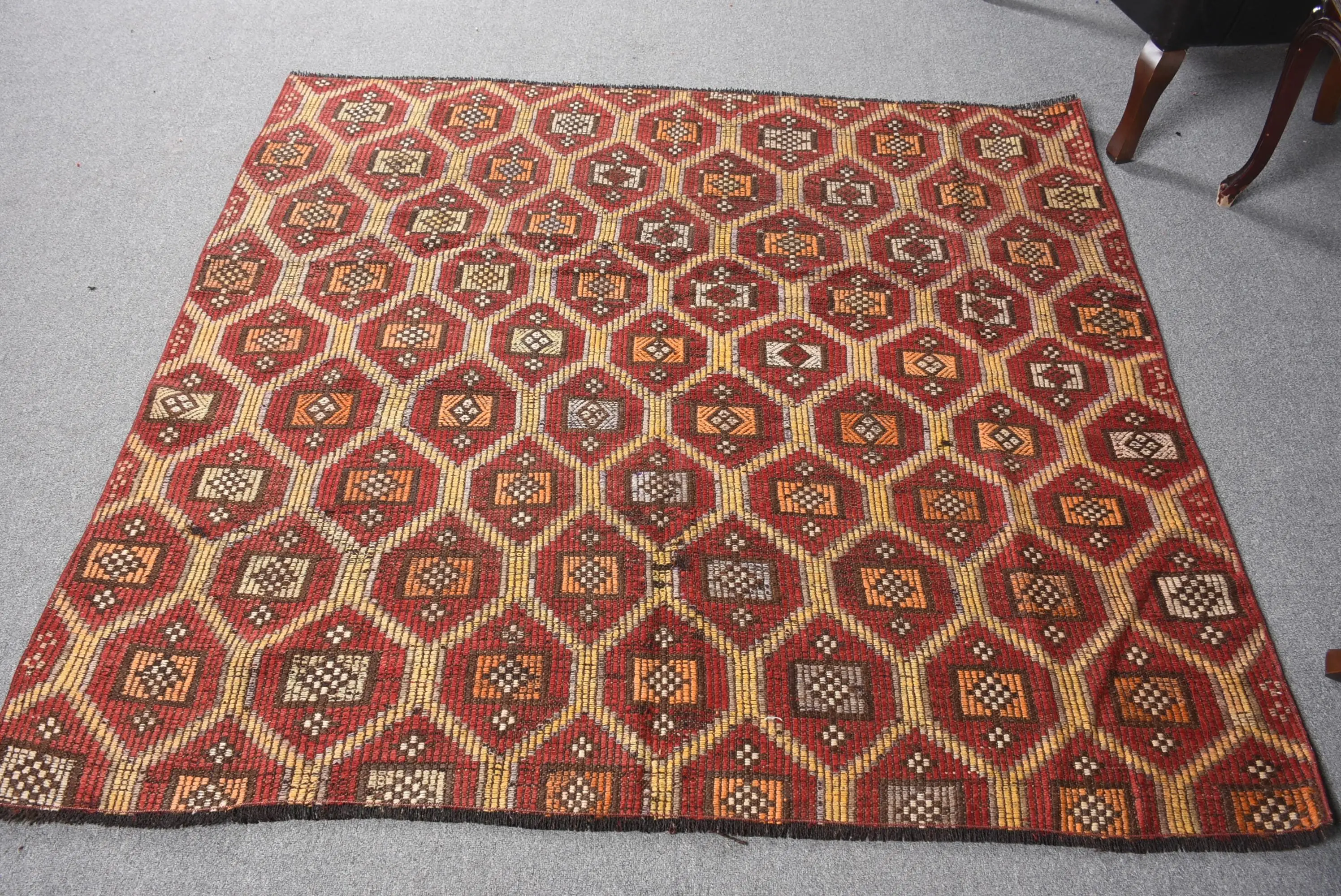 Vintage Halı, 5.7x5.2 ft Türk Halısı, Kırmızı Sarı İkat Yün Halı - 1