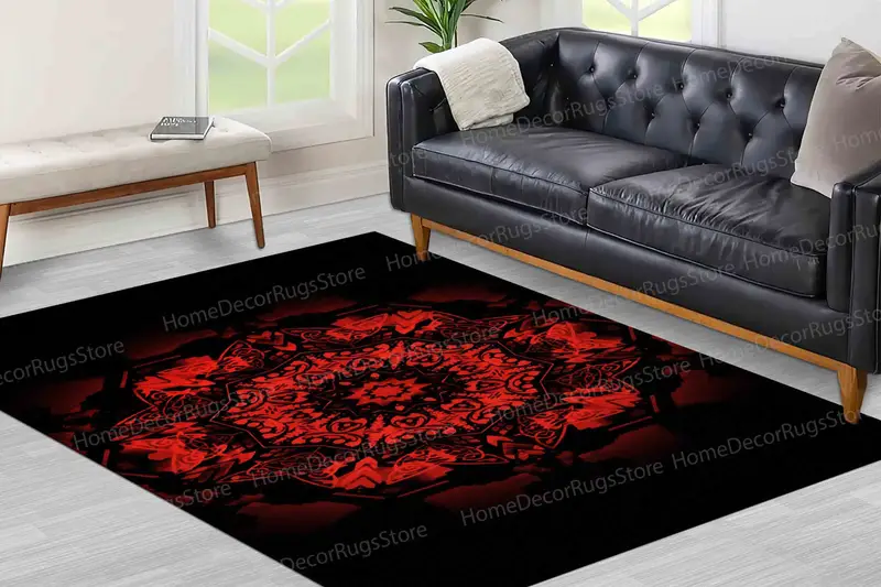 Etnik Giriş için Mandala Desenli Siyah ve Kırmızı Baskılı Halı
