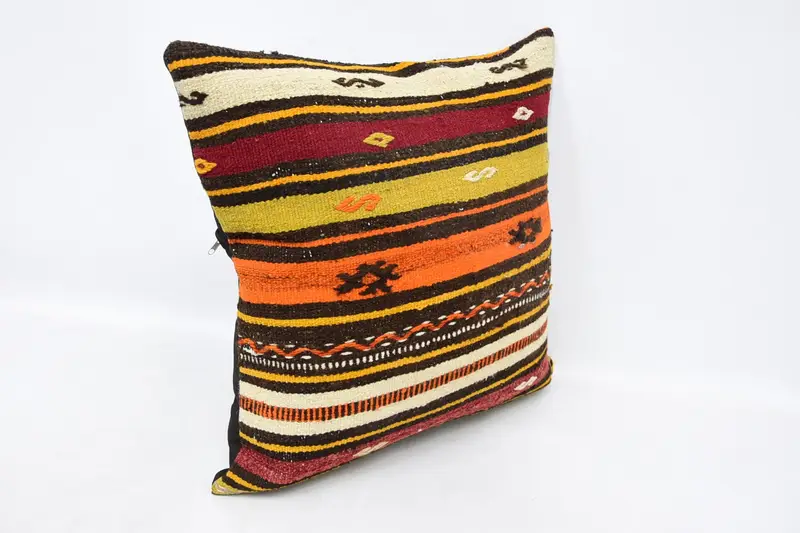 24x24 Orange Pillow Sham, Ethnic Cushion, Handmade Kilim Cushion, Boho Pillow Sham Cover, Vintage Pillow, Pattern Throw Cushion, Pillow - 3