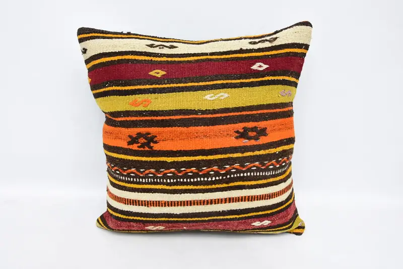 24x24 Orange Pillow Sham, Ethnic Cushion, Handmade Kilim Cushion, Boho Pillow Sham Cover, Vintage Pillow, Pattern Throw Cushion, Pillow - 1