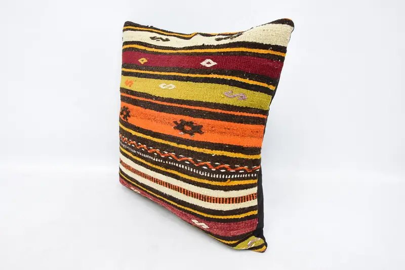 24x24 Orange Pillow Sham, Ethnic Cushion, Handmade Kilim Cushion, Boho Pillow Sham Cover, Vintage Pillow, Pattern Throw Cushion, Pillow - 4