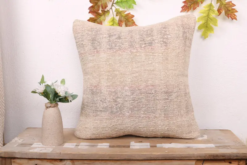 Vintage Cushion Cover, Turkish Kilim Pillow, Ethnical Kilim Rug Pillow, Indoor Pillow Case, 18x18 Beige Cushion, Home Decor Pillow, Pillow Case - 1