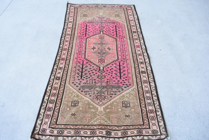 Vintage 3.3x6.4 ft Rug, Accent Turkish Rug, Green Pink Abstract Wool Rug - 1