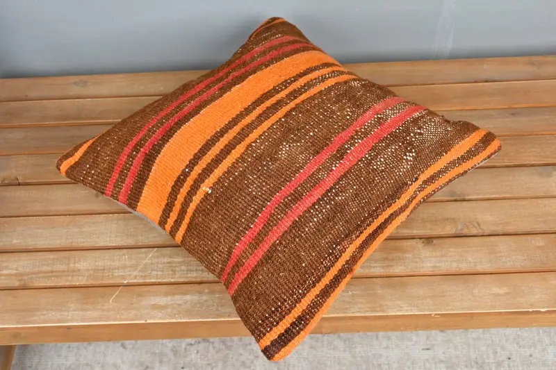 Home Decor Pillow, Chair Cushion Case, Handmade Pillow Case, Turkish Pillow, 18x18 Orange Pillow Sham, Pillow Sham, Throw Kilim Pillow - 2