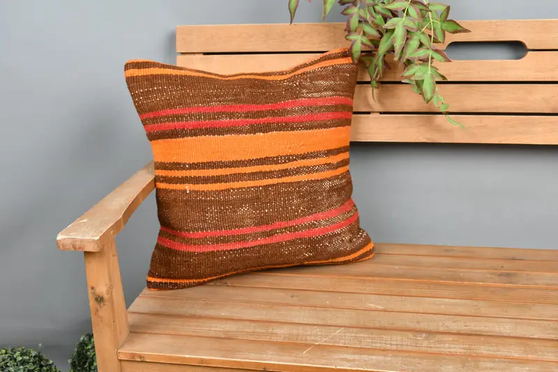 Home Decor Pillow, Chair Cushion Case, Handmade Pillow Case, Turkish Pillow, 18x18 Orange Pillow Sham, Pillow Sham, Throw Kilim Pillow - 1