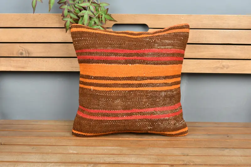 Home Decor Pillow, Chair Cushion Case, Handmade Pillow Case, Turkish Pillow, 18x18 Orange Pillow Sham, Pillow Sham, Throw Kilim Pillow - 6