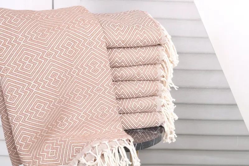 Beach Towel Embroidered Turkish Cotton Brown Diamond Pattern, 40x75 Inches