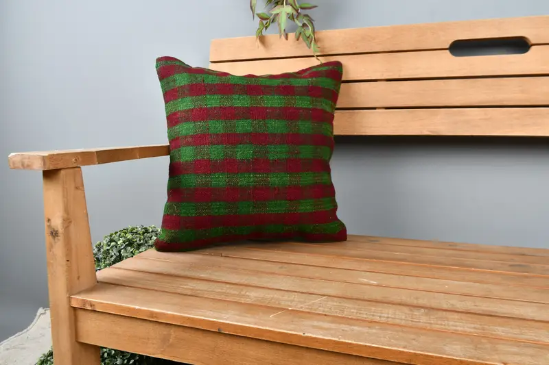 Boho Pillow Sham Cover, Retro Throw Pillow Case, 16x16 Red Pillow Sham, Pillow for Sofa, Bright Cushion Cover, Cushion, Ethnical Kilim Rug Pillow - 1