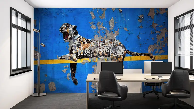 Elegant Bronx Zoo Leopard Graffiti Blue Printed Wallpaper