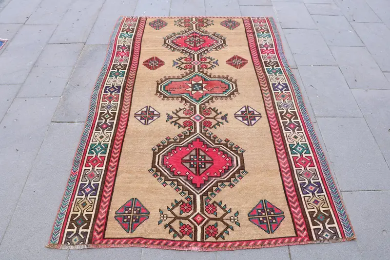 4,2x6,3 ft türkischer Vintage-Teppich, Teppich, rot-blauer floraler Wollteppich - 1