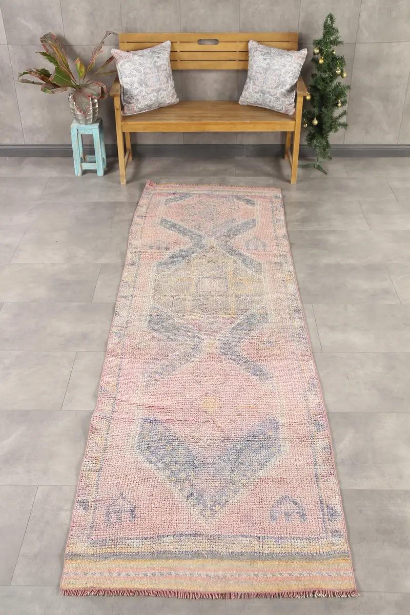 Vintage Türk Halısı, 3.1x10.2 ft Herki Halı, Pembe Mavi Çiçekli Halı - 1