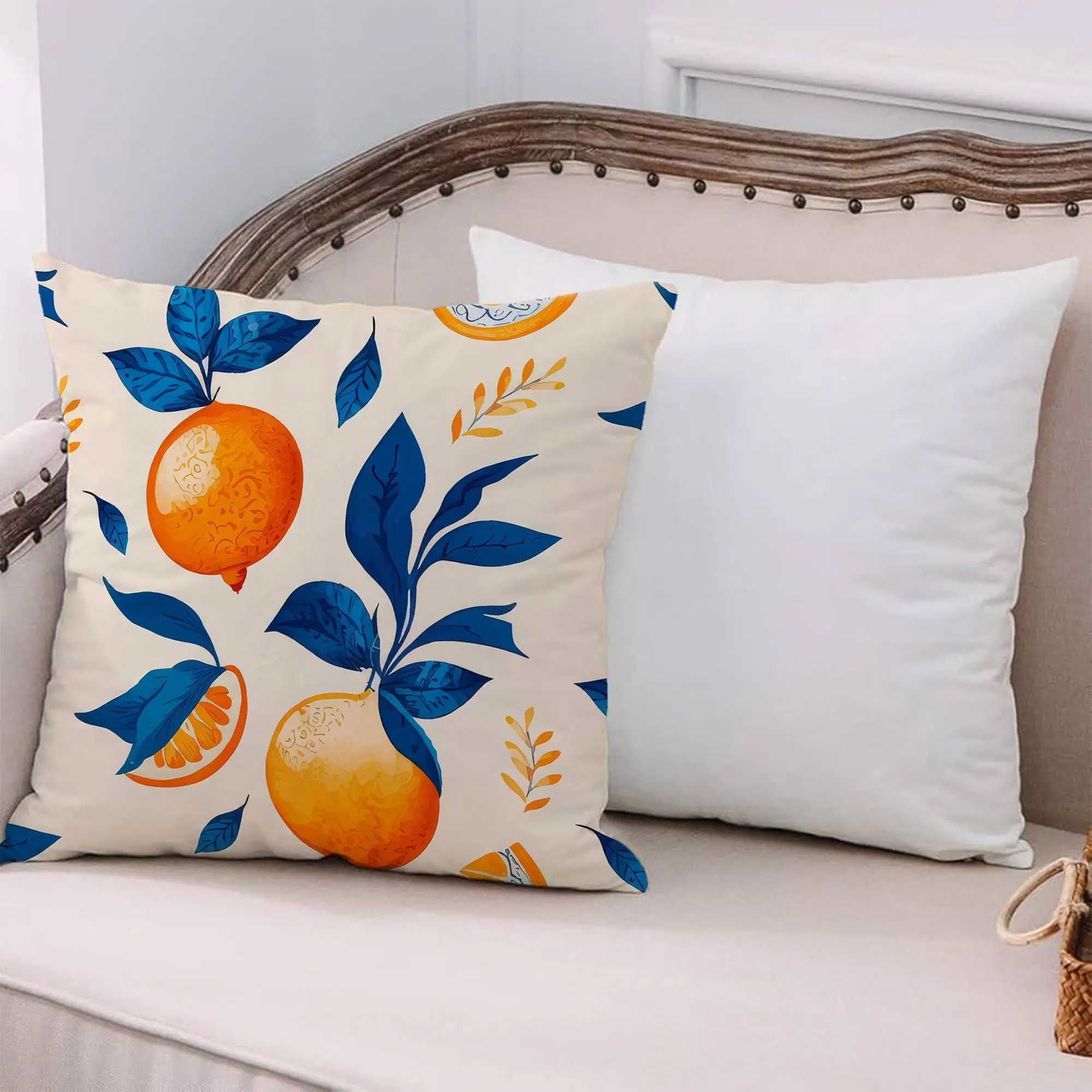 Orange Fruit Pattern Printed Pillow: Blue Accents, Vibrant Decor - 1