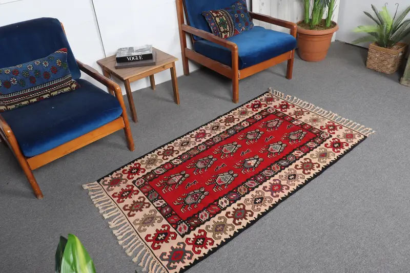 Turkish 2.9x5.2 ft Rug, Accent Vintage Rug, Red Abstract Wool Rug - 1