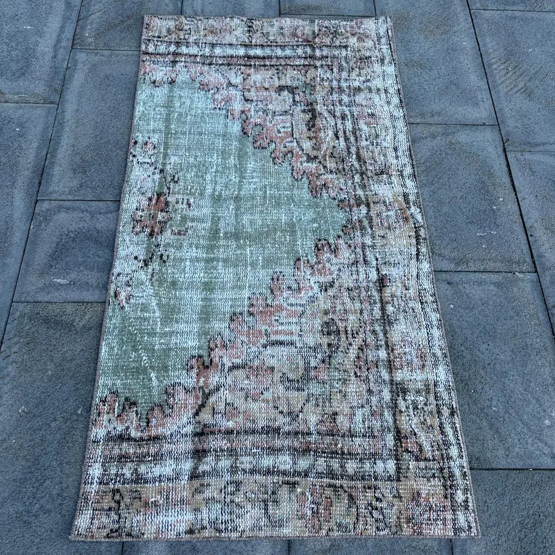 2.5x4.8 ft Oushak Rug, Turkish Vintage Rug, Green Brown Floral Rug - 1