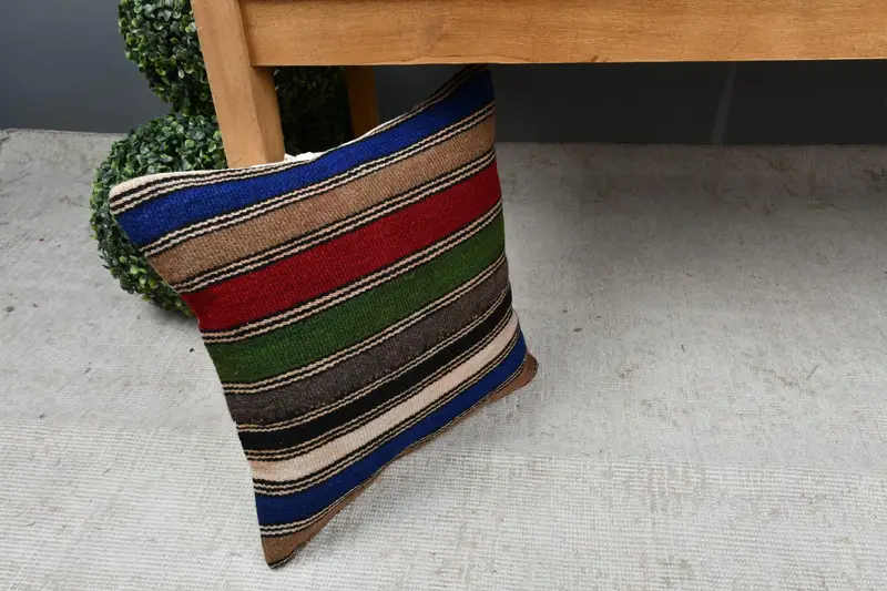 Handmade Kilim Cushion, Kilim Pillow Cover, Tribal Cushion Case, Turkish Kilim Pillow, Cushion Cover, 14x14 Blue Pillow Case - 7
