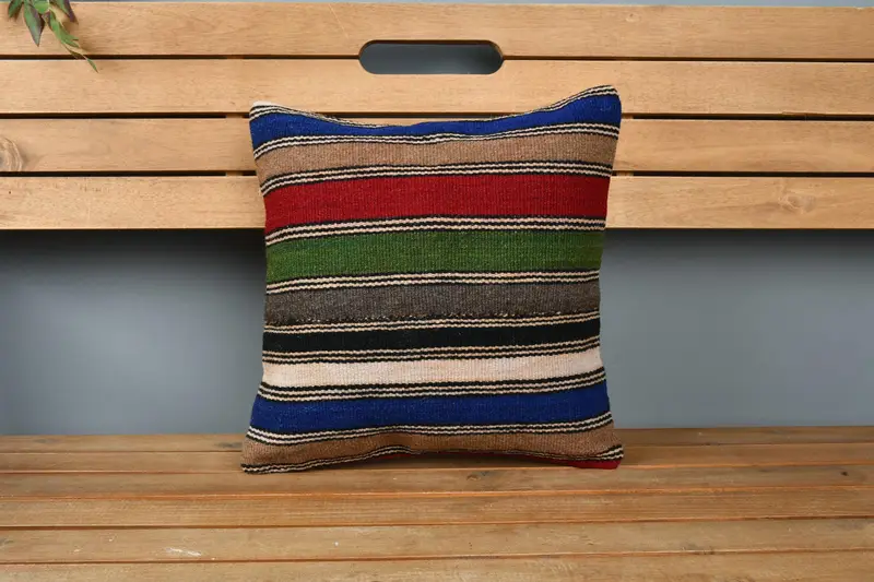 Handmade Kilim Cushion, Kilim Pillow Cover, Tribal Cushion Case, Turkish Kilim Pillow, Cushion Cover, 14x14 Blue Pillow Case - 6