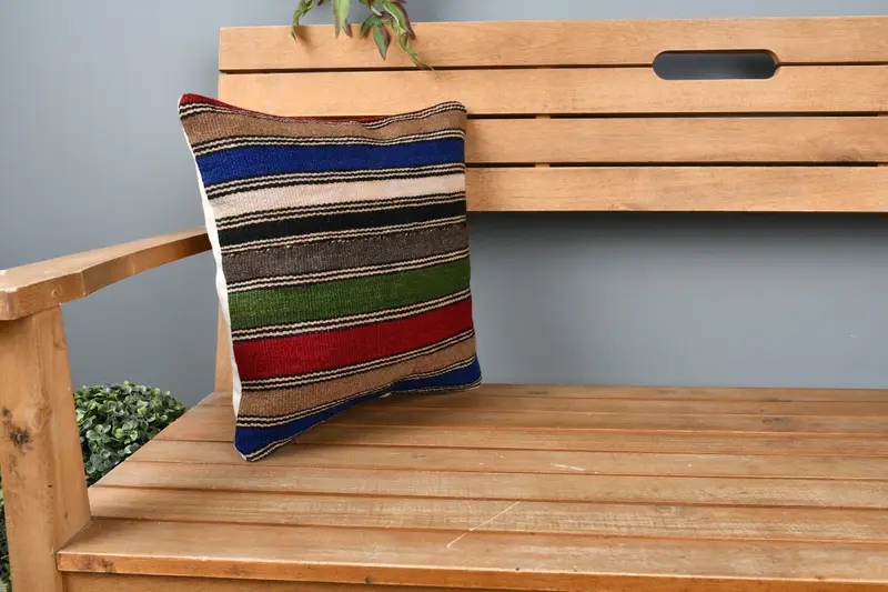 Handmade Kilim Cushion, Kilim Pillow Cover, Tribal Cushion Case, Turkish Kilim Pillow, Cushion Cover, 14x14 Blue Pillow Case - 1